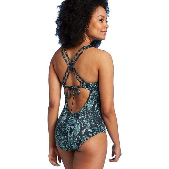 All in Motion Tie Back One Piece Swimsuit Teal Snake Printed Green Blue Medium - Picture 2 of 10